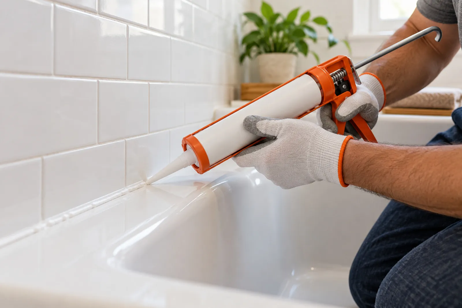 Gloved hands running a fresh bead of white caulk along a bathtub edge.