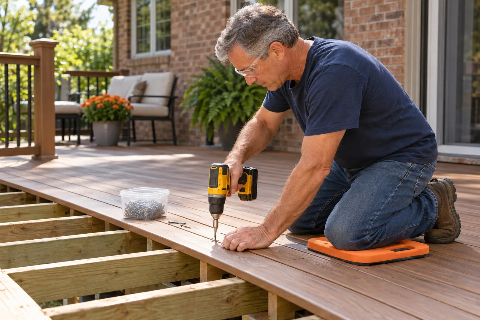 A handyman kneeling to screw down new boards on a wooden backyard deck behind a brick house.