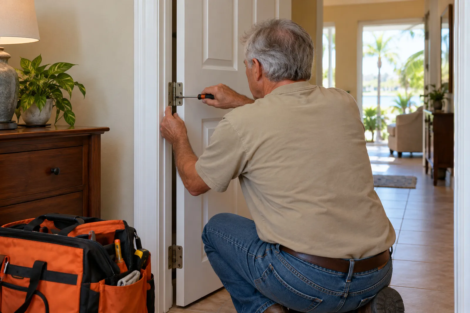 A handyman adjusting the hinge of an interior door with a screwdriver.