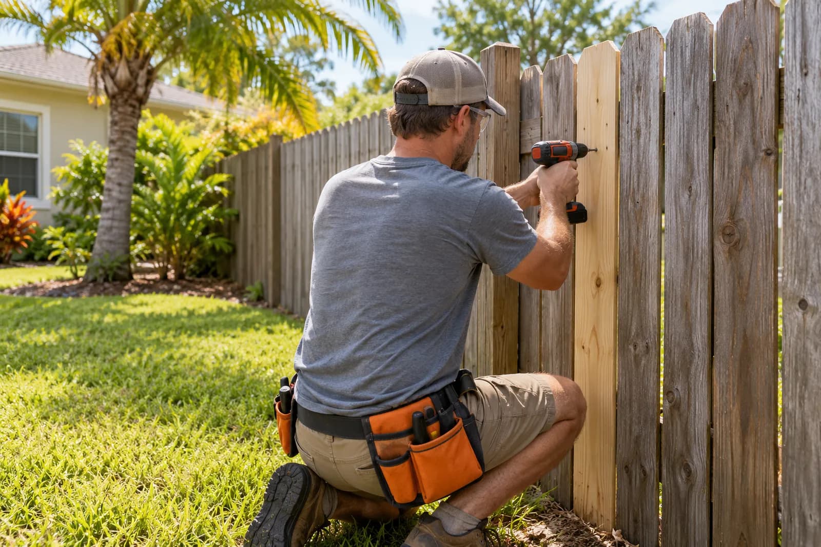A handyman replacing a weathered picket in a wooden backyard fence with a drill.