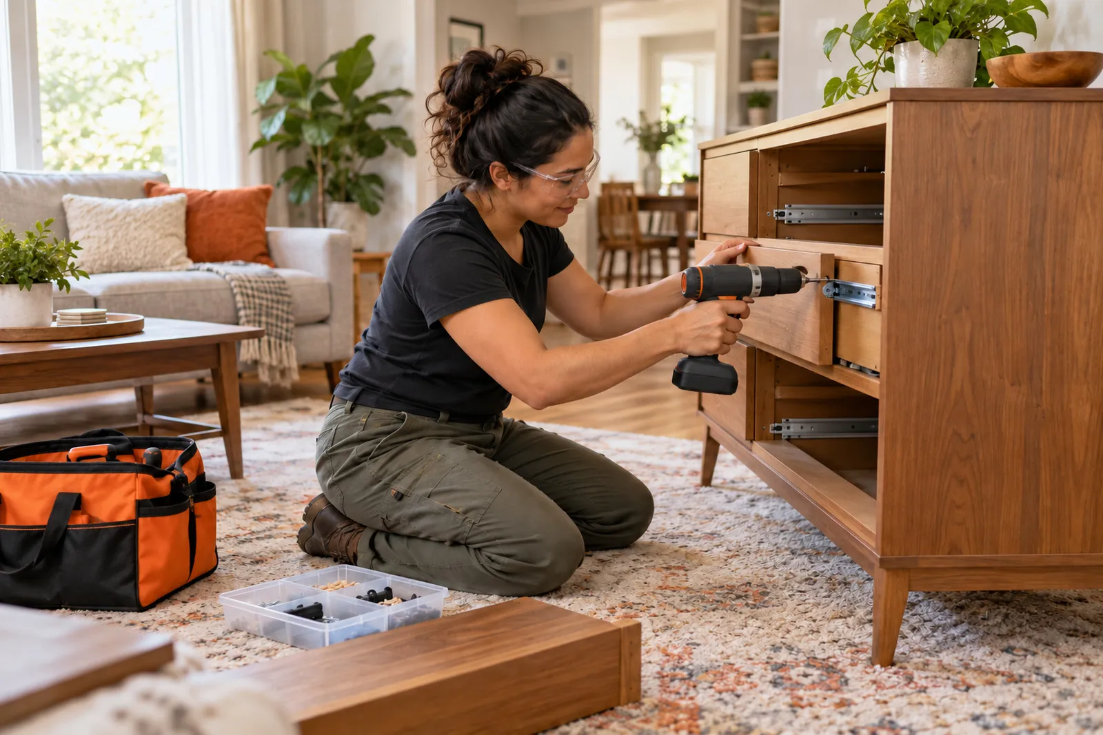 A handyman in safety glasses assembling a low wooden dresser on a living-room rug, the hardware sorted in a tray.