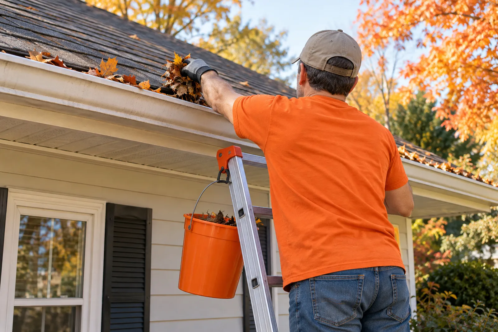 A handyman on a ladder in gloves clearing leaves from the gutter of a single-storey house.
