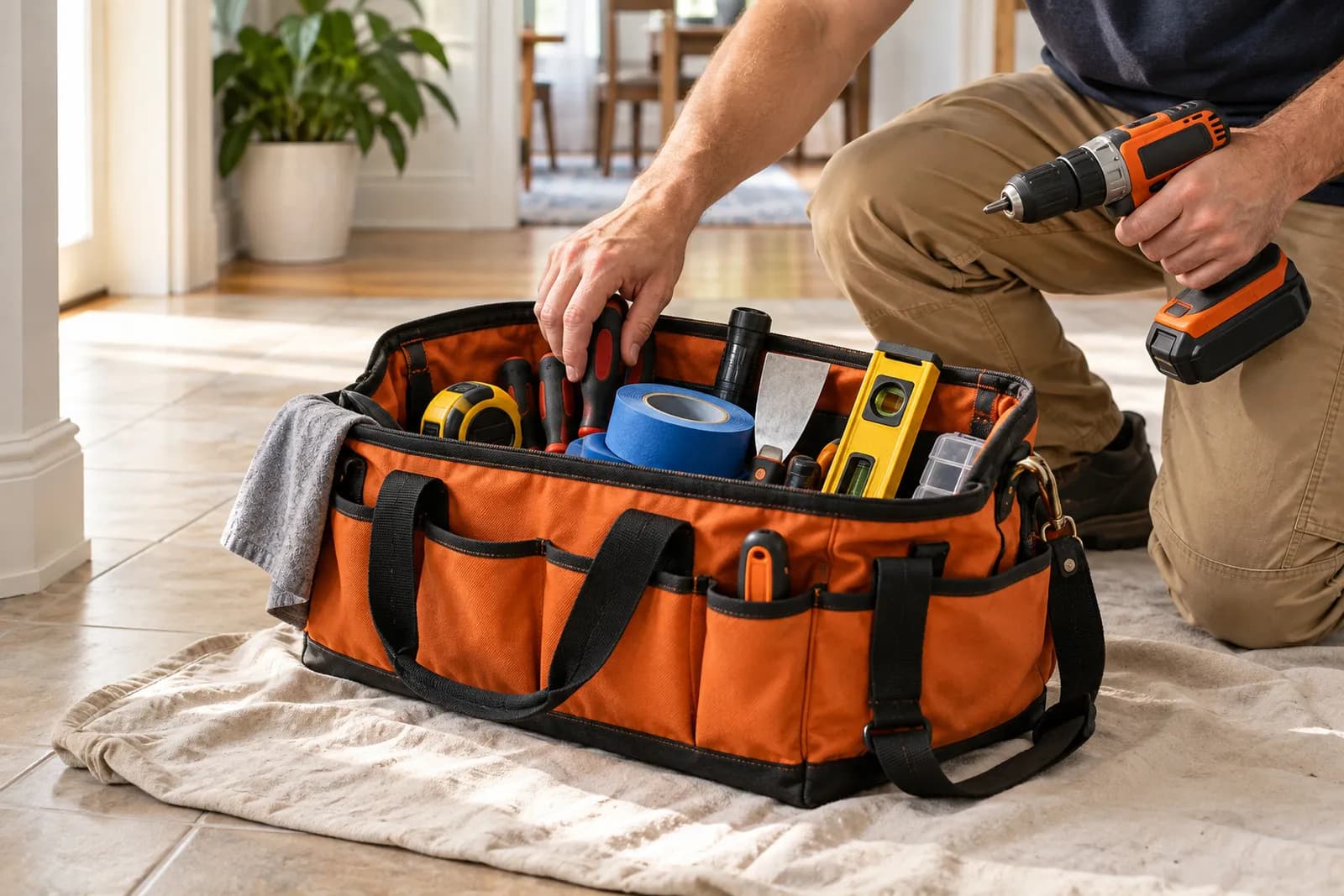 An open orange tool bag on a drop cloth with a drill, level, tape measure, putty knife and painter's tape.