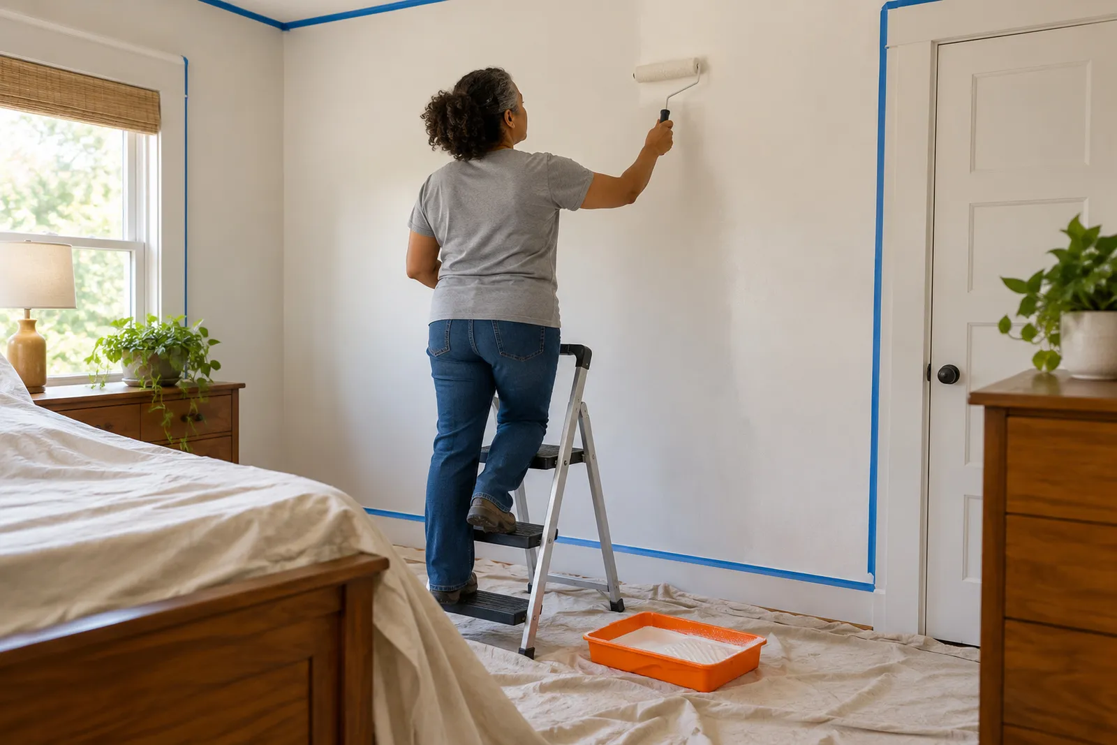 A handyman on a short ladder rolling warm-white paint onto a bedroom wall, trim taped and floor covered.