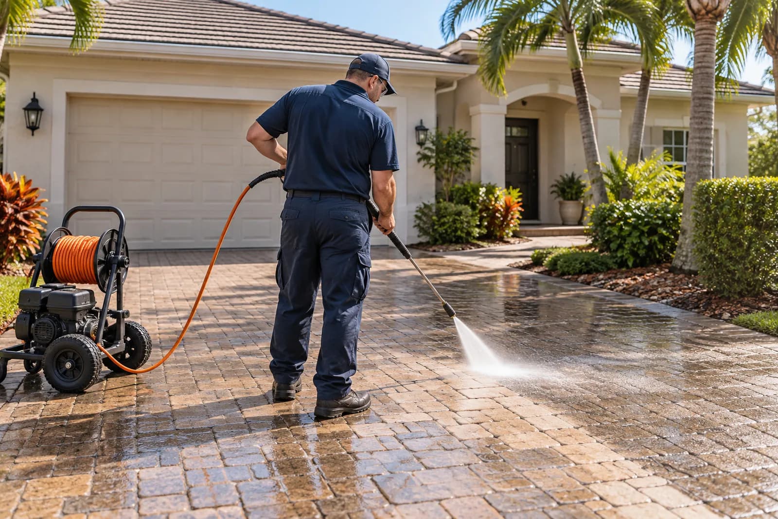 A worker pressure-washing a paver driveway in front of a Florida stucco home, a clean stripe across the pavers.