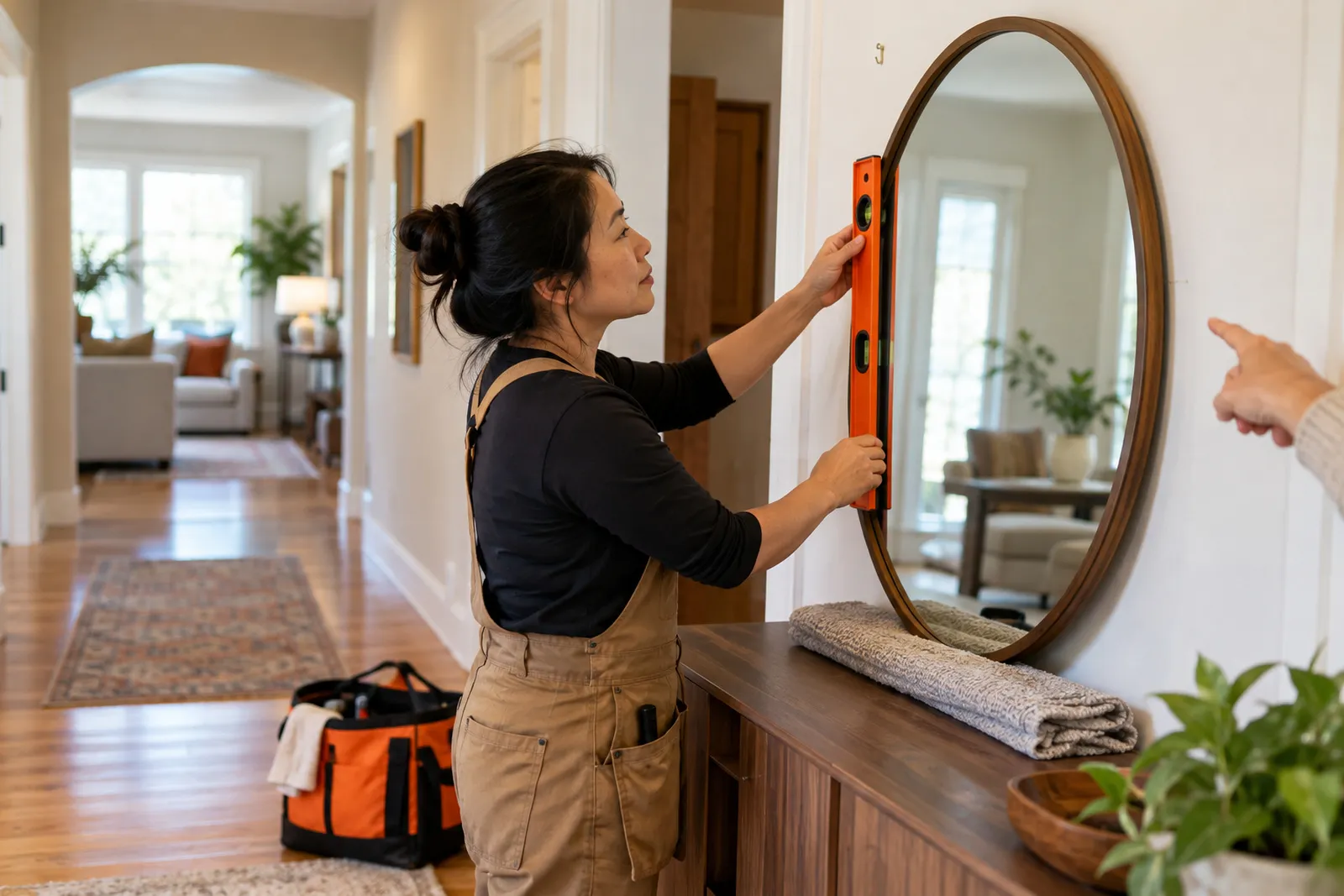 A handyman holding a level against a large mirror being hung on a hallway wall.