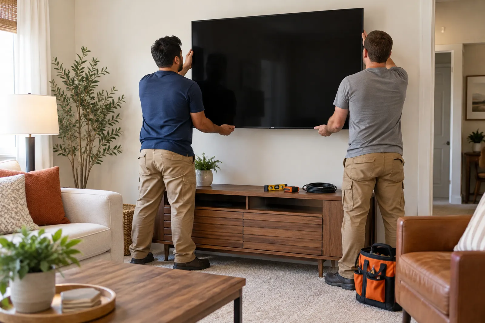 Two people lifting a large flat-screen TV onto a wall mount above a low console.