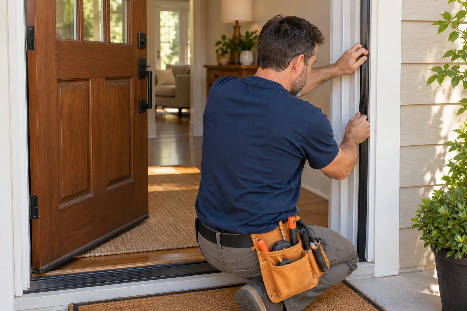 A handyman pressing new weatherstripping into the frame of a front door.